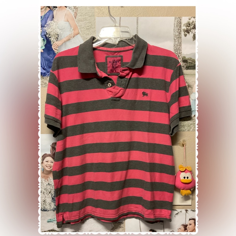 Old Navy Red and Gray Striped Polo Shirt